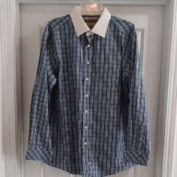 Roundtree & Yorke Other - Roundtree & Yorke Navy & White Plaid Dress Shirt w/ White Collar